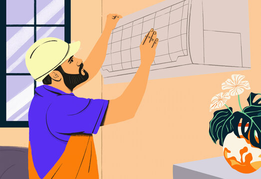 Construction worker installing air conditioning unit on wall
