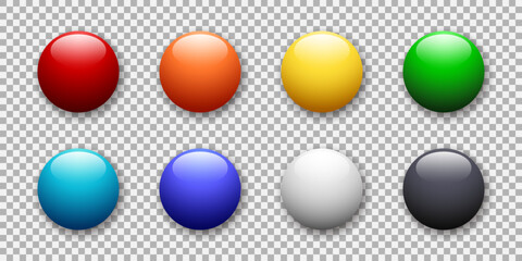 Realistic glossy button. Set of 3d vector glass element of different colors on transparent background. Best for mobile apps, UI and web design.