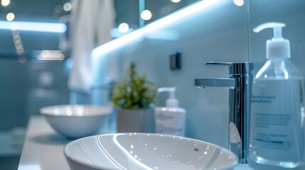 Wash hands with disinfectants in a healthy bathroom.