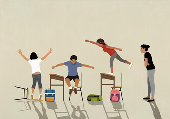 Angry school teacher watching unruly, hyper schoolchildren jumping on desks in classroom
