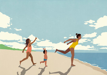Carefree mother and children running and playing on sunny summer beach
