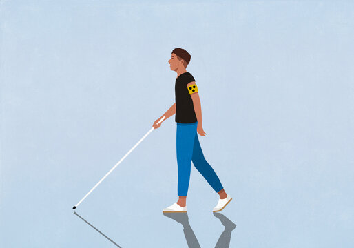 Blind man walking with walking cane on blue background
