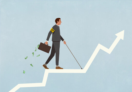 Blind businessman investor navigating investment chart arrow
