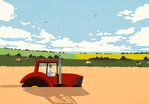Farmer driving tractor, harvesting crop in sunny rural countryside
