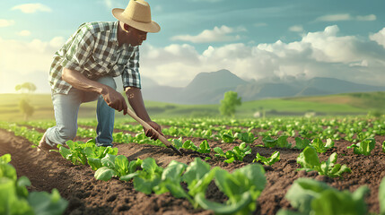 man worker with hoe cultivates garden beds on farm field - obrazy, fototapety, plakaty