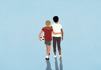 Affectionate boy friends hugging and walking with soccer ball
