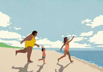 Overweight mother and children running toward ocean on sunny summer beach
