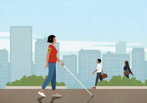 Blind woman walking with walking cane in sunny city
