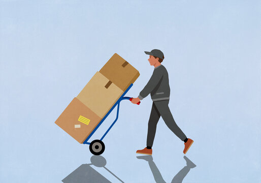 Delivery man pushing hand truck with cardboard boxes, delivering packages
