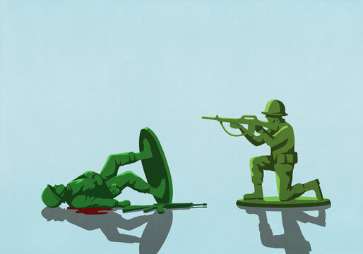 Toy soldier shooting and killing toppled opponent
