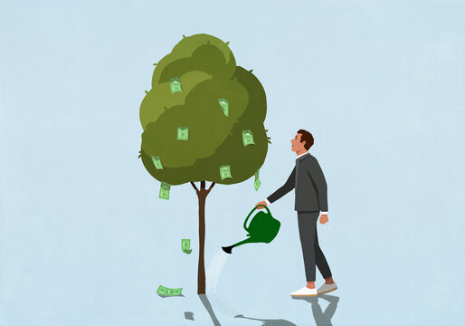Hopeful man watering money tree

