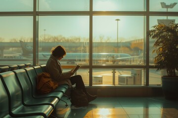 A traveler is immersed in reading at the airport gate with warm sunlight bathing the terminal, a...