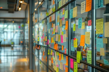 A glass wall covered with multi-colored sticky notes, symbolizing brainstorming and project planning in a modern office environment.