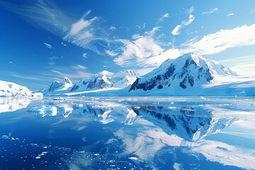 Fototapeta na wymiar Majestic Snow-Capped Mountains Reflected in Crystal Clear Waters.