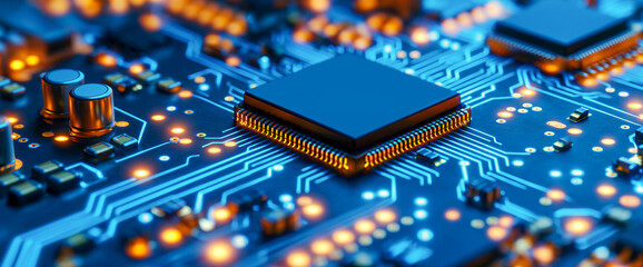 Close-up view of a central processing unit on a blue circuit board with glowing orange connections - Powered by Adobe