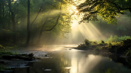 Fototapeta na wymiar Dawns rays cut through the mist heralding the day. Misty morning sunrise over a tranquil forest lake. The sun's rays break through the mist, casting a serene glow over a calm lake surrounded by a lush