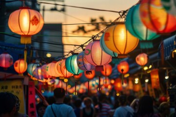 A Vibrant Street Illuminated by Colorful Lanterns During a Festival.