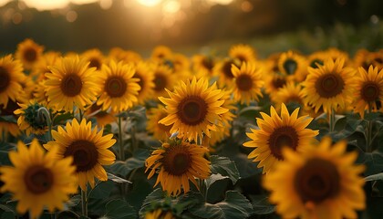 Fototapeta premium Sunflower field at sunset. Sunflower field at sunrise. Field of yellow fully bloomed sunflowers during summer time. Yellow flower bloom