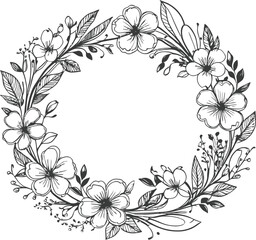 Line art of flowers in a circular shape