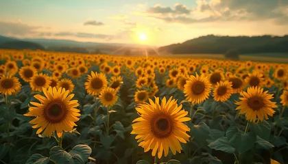 Rolgordijnen Sunflower field at sunset. Sunflower field at sunrise. Field of yellow fully bloomed sunflowers during summer time. Yellow flower bloom © Divid