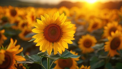 Obraz premium Sunflower field at sunset. Sunflower field at sunrise. Field of yellow fully bloomed sunflowers during summer time. Yellow flower bloom