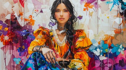 Fashionable Young Woman in Bohemian Outfit Against Colorful Abstract Artistic Background