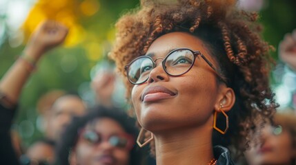 Young African American Woman with Glasses Smiling and Looking Upward at Outdoor Event among Crowd