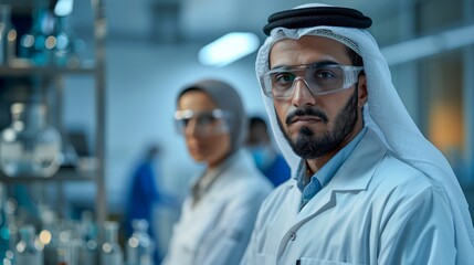 Confident Middle Eastern Male Scientist in Foreground with Female Colleague in Modern Laboratory