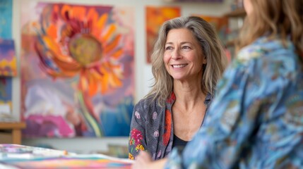 Fototapeta premium Art Teacher Smiling in Creative Studio Environment with Vivid Artwork and Student Interaction