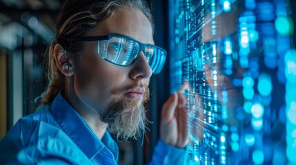 Professional Female IT Engineer Analyzing Data in Server Room with Network Cabinets, Technology Concept