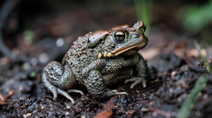 Fototapeta premium A toad with distinctive spotted skin sitting calmly on the forest floor.