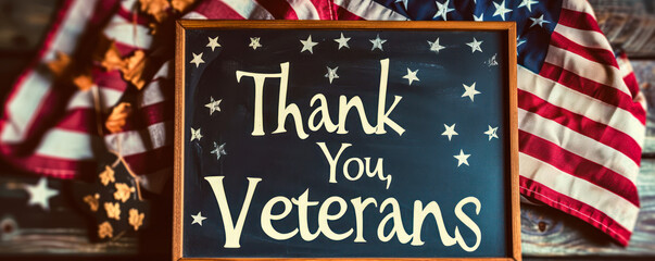 A heartfelt tribute to service members with a chalkboard bearing Thank You, Veterans beside the American flag on rustic wooden background - obrazy, fototapety, plakaty