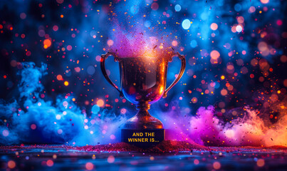 A shining trophy cup overflows with colorful beams and stars, highlighting the text AND THE WINNER IS, signifying celebration and announcement of a victor - obrazy, fototapety, plakaty