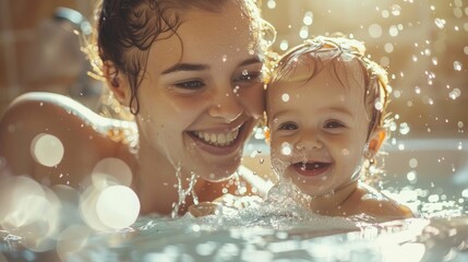 Young toddler and his mom happily smiling enjoying their first bath together, childhood and motherhood joy - obrazy, fototapety, plakaty