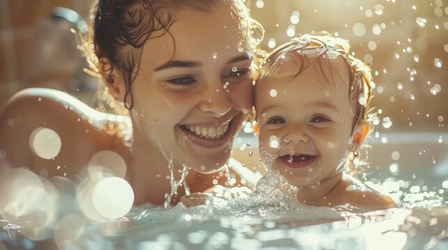 Young toddler and his mom happily smiling enjoying their first bath together, childhood and motherhood joy