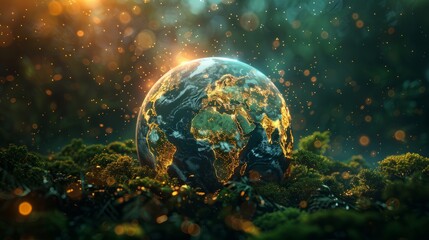 A digital globe, highlighting the synergy between carbon credit markets and worldwide green investments. Glowing Earth Amidst Lush Greenery and Lights