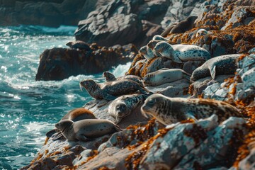 Seals Basking on a Rocky Shore - obrazy, fototapety, plakaty