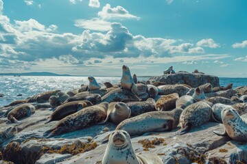 Seals on Rocky Terrain - obrazy, fototapety, plakaty