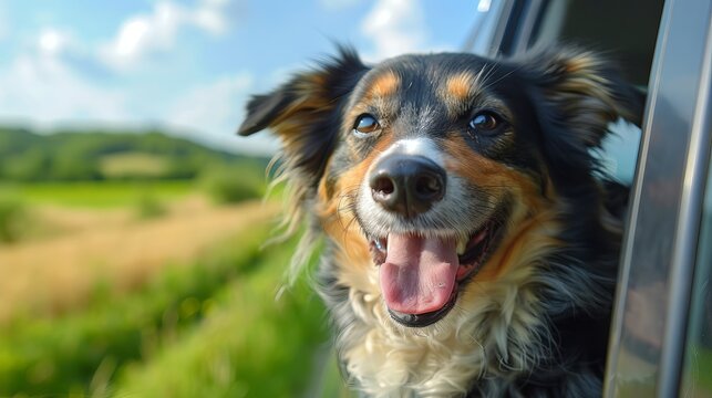 Joyful dog with head out of car window, enjoying high speed ride with motion blurred background. Dog with wind in face. the concept of pet, travel, summer vacation