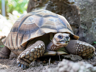 A tortoise with a patterned shell crawling on the ground.