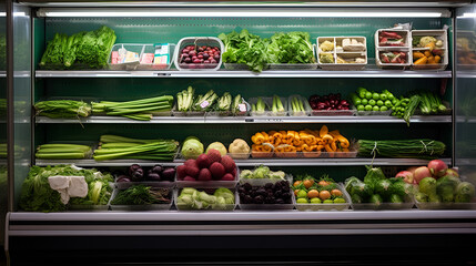 table with food,food in the restaurant,A store with a display of vegetables and fruits,Fruits and vegetables in the refrigerated in supermarket