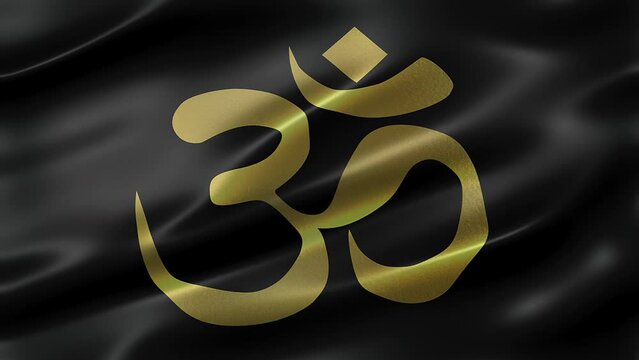 OM symbol on glossy black background, front view, full frame, elegant silky texture, waving in the wind, movie-like look, realistic 4K CG animation, sleek, slow-motion fluttering, seamless loop-able.