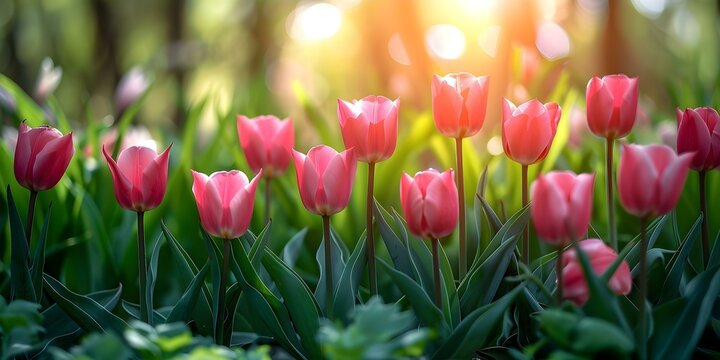 Pink Tulips Blooming in a Picturesque Green Meadow. Concept Spring Flowers, Nature Photography, Pink Tulips, Meadow Scenery