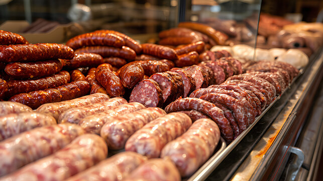 sausages offered for sale in showcase, chorizo, morcilla, butifarra and chistorra sausages
