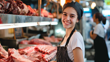 Fototapeta na wymiar Portrait of smiling interested young female butcher shop worker standing at counter, with piece of fresh raw beef ribs while arranging meat products