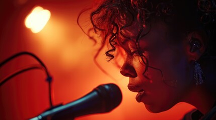 An emotional female singer performing intimately in a vibrant red neon-lit stage setting.