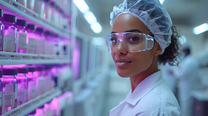 A female scientist wearing protective gear inspects products in a modern cosmetic laboratory.