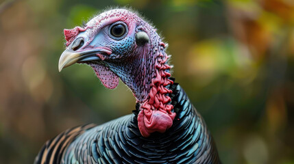 Close-up of a wild turkey’s colorful and textured head.