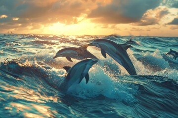 The Spirited Play of a Dolphin Pod - obrazy, fototapety, plakaty