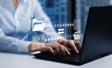   Online documentation database. AI ocument management system DMS concept. FTP (File Transfer Protocol), Secure FTP. Internet cloud technology, exchange information and data storage concept